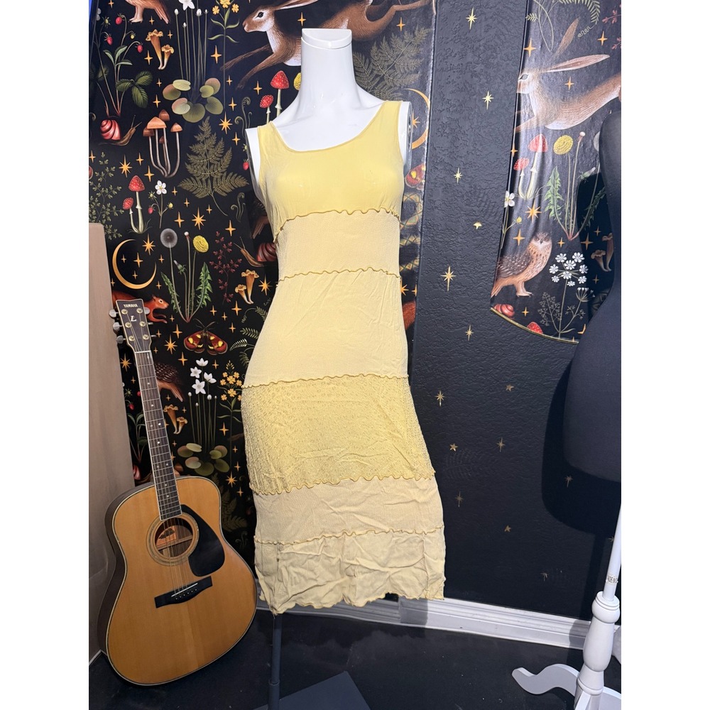 Vintage 90s Yellow Tiered‎ Lettuce Edge Midi Dress Rayon Boho Made in USA